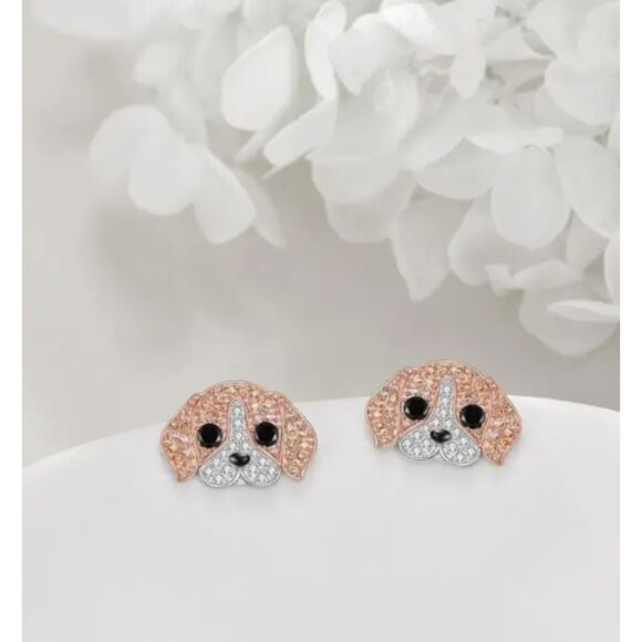 Rhinestone Beagle Dog Stud Earrings Amber White - Picture 4 of 5